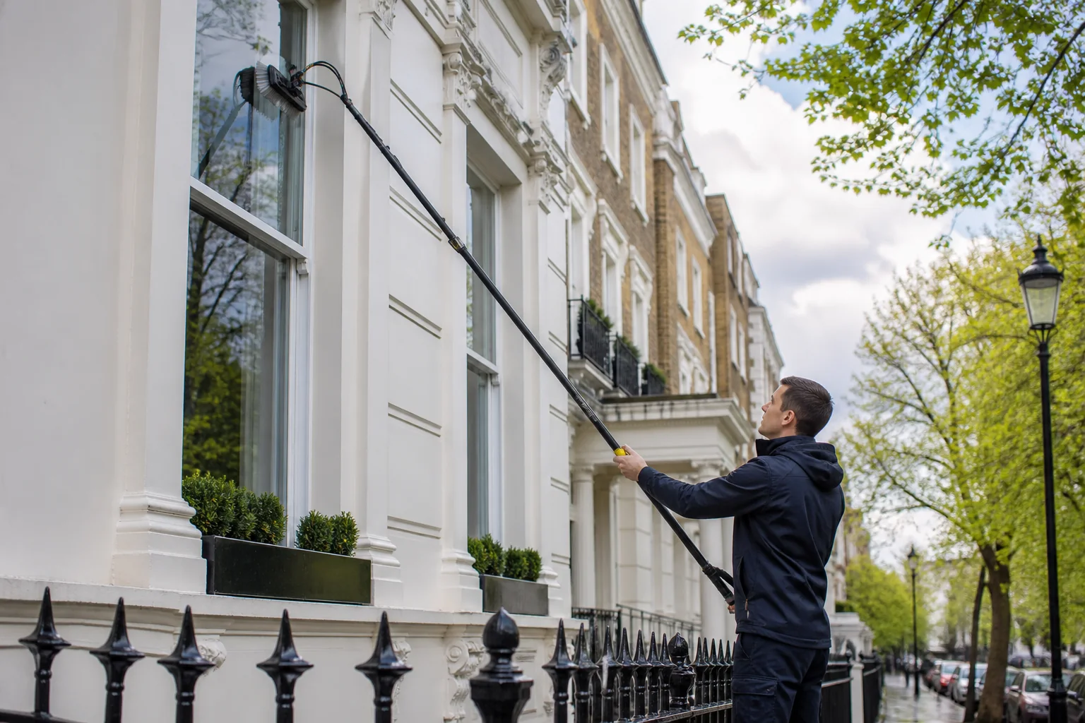 Professional window cleaner working on a London townhouse during mild spring weather