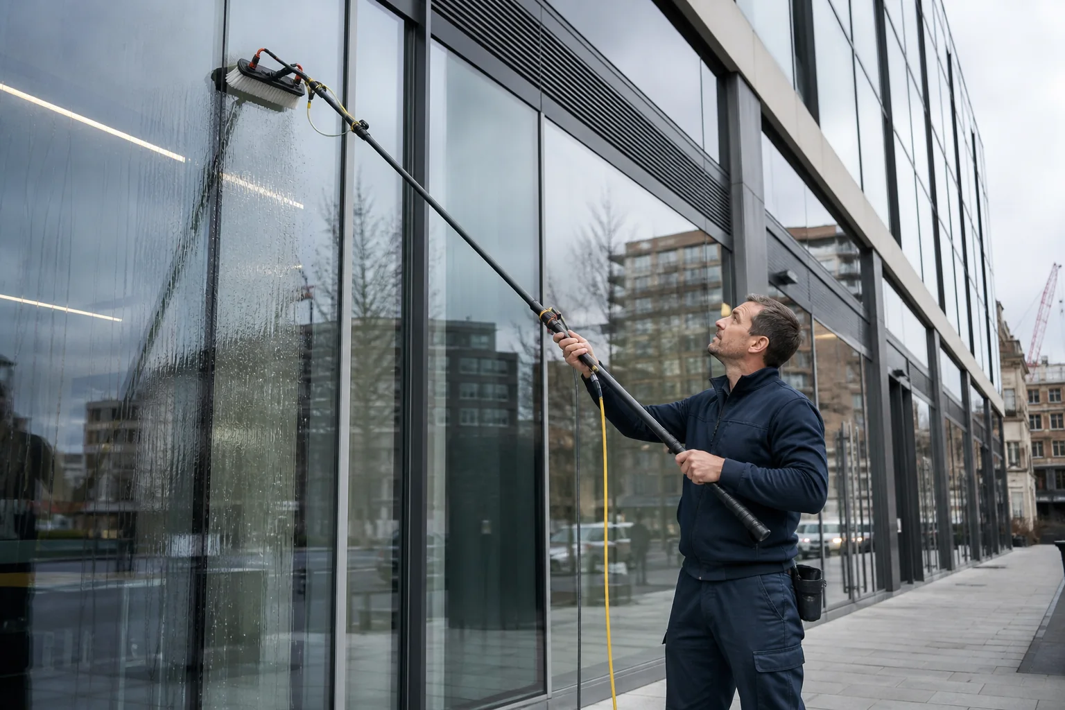 Technician cleaning a contemporary London office façade with a water-fed pole