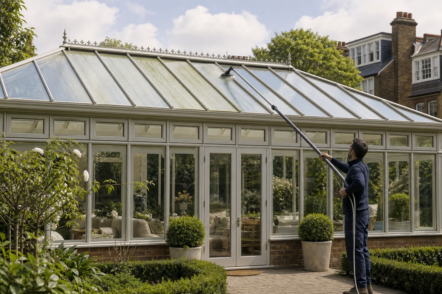 Professional conservatory roof cleaning with a water-fed pole at a London home