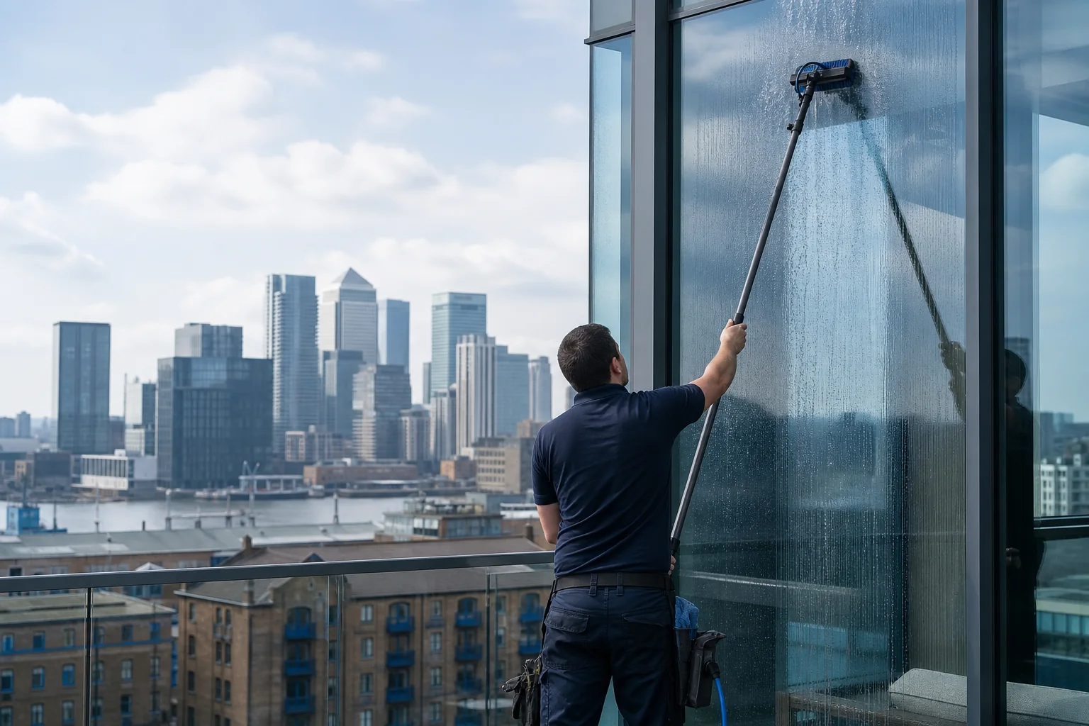 Professional window cleaner working in East London