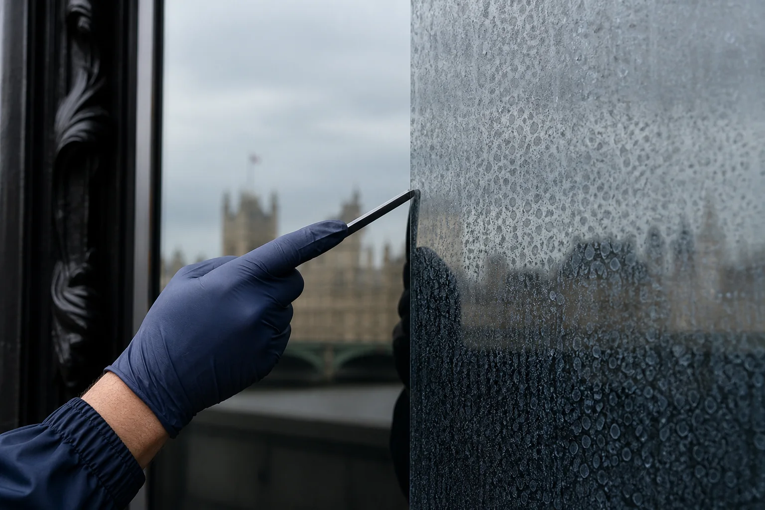 Close inspection of mineral marks on exterior window glass