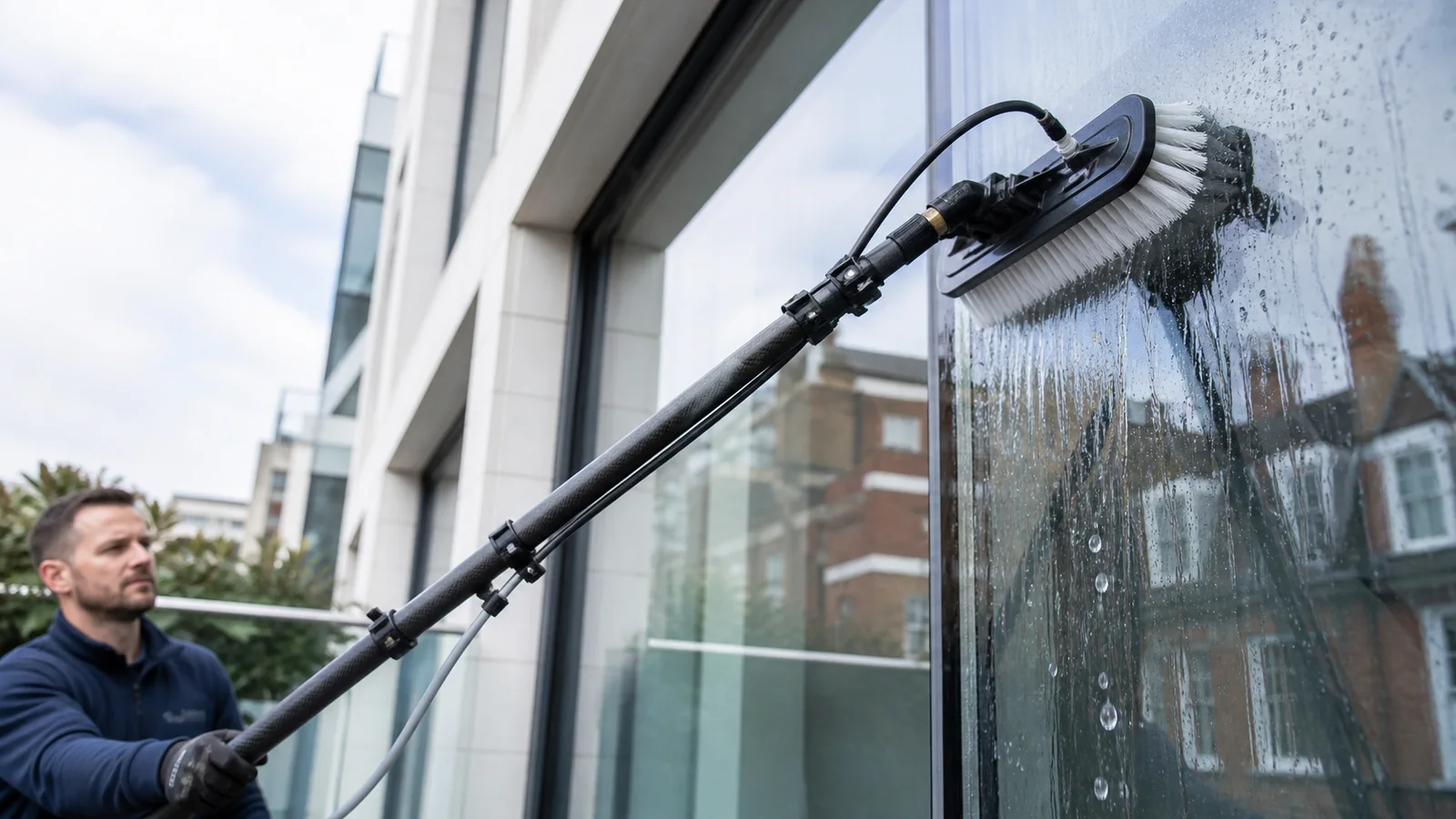 Pure-water brush cleaning a large exterior window in London