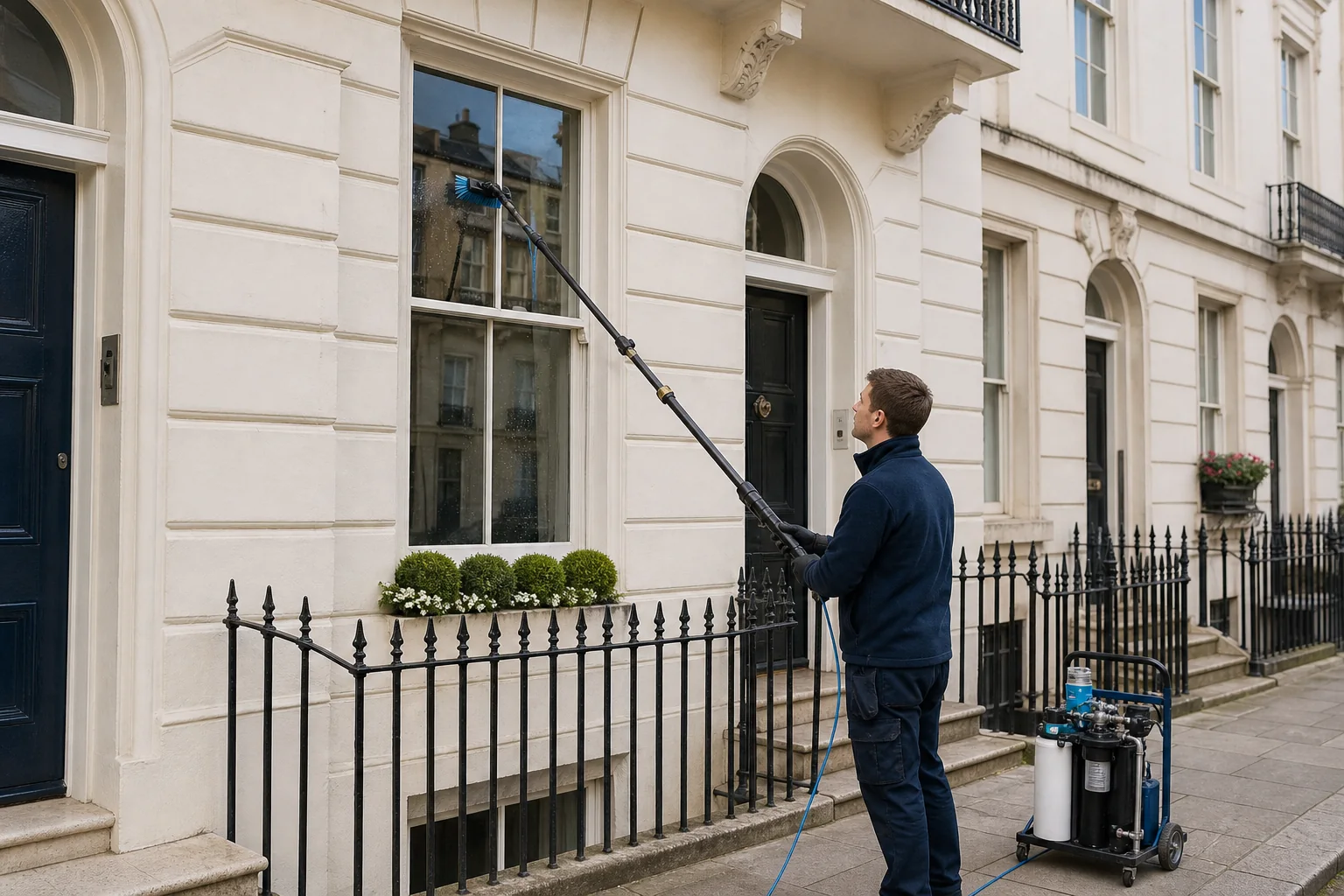Professional using a water-fed pole to clean sash windows at a London home