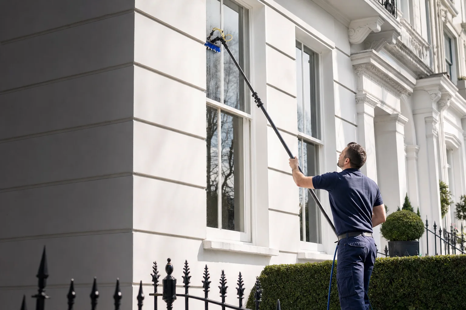 Professional residential window cleaner at a London townhouse
