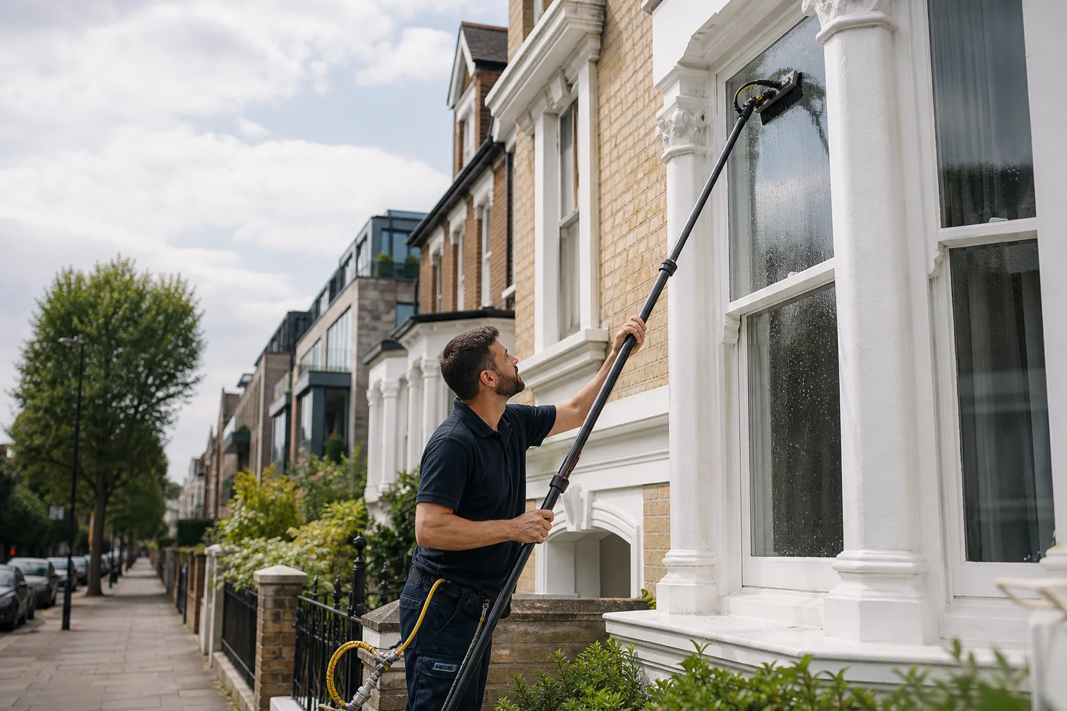 Professional window cleaner working in South London