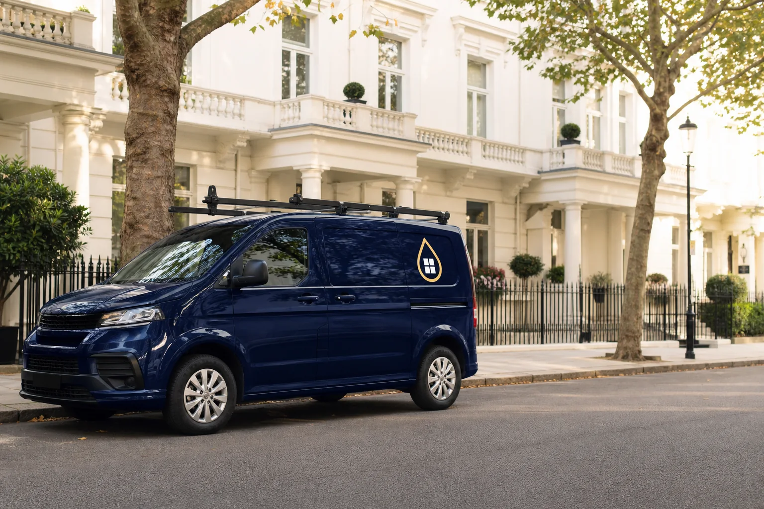 Navy Top Window Cleaners service van outside London townhouses