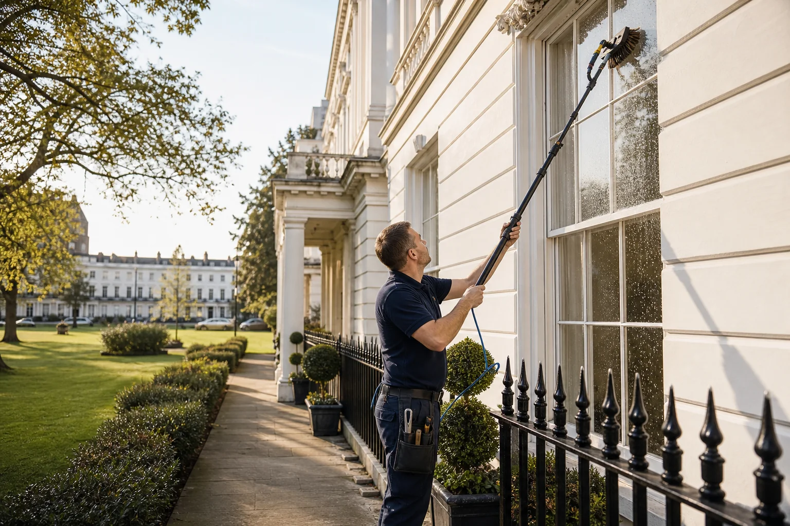 Professional window cleaner working in West London