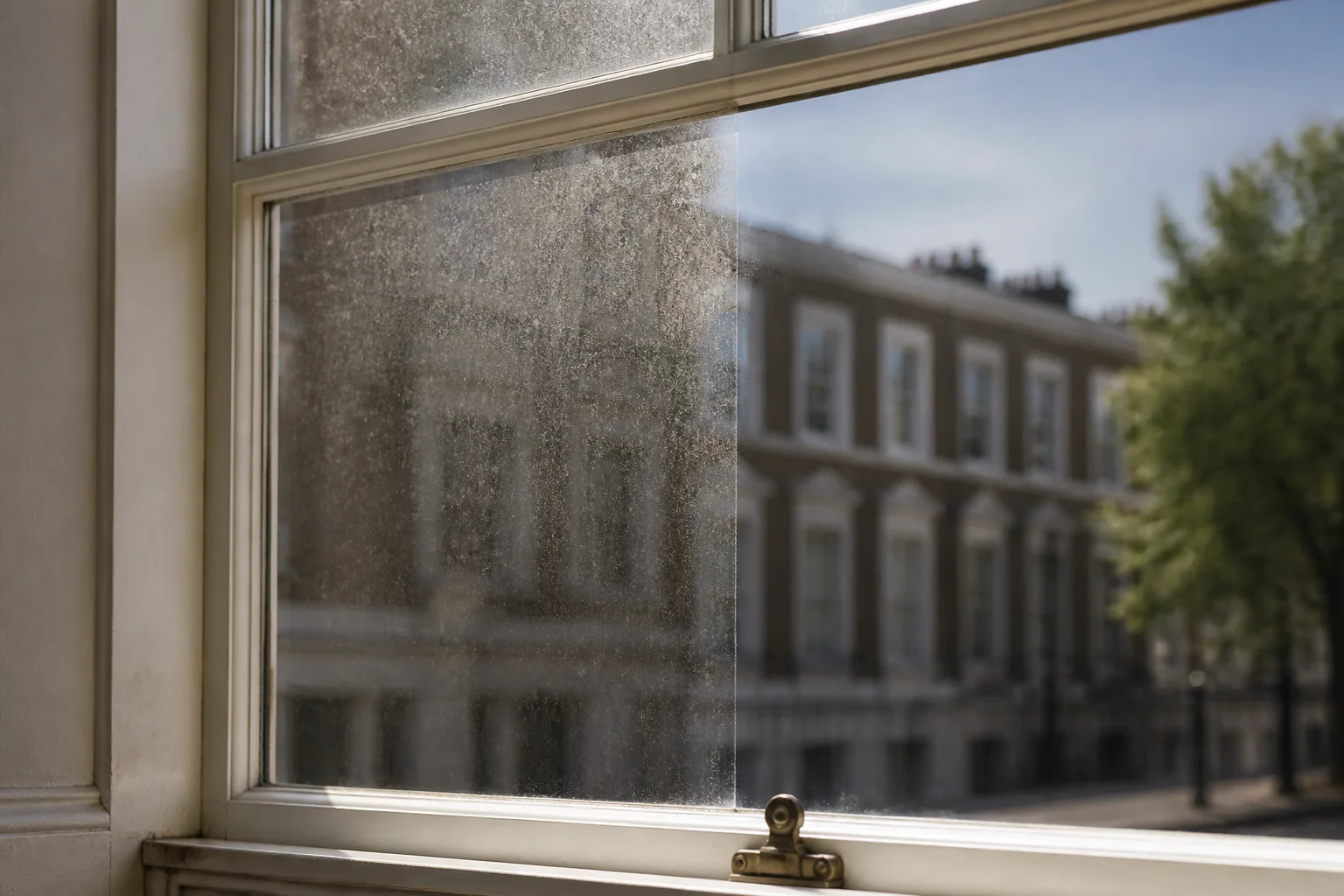 London window showing traffic film before professional cleaning