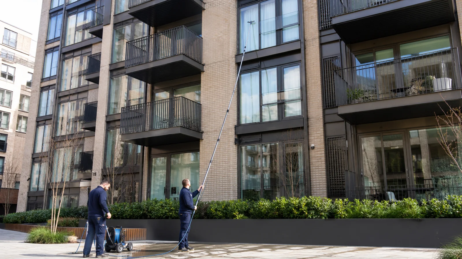 Professional window cleaners servicing a modern London apartment building