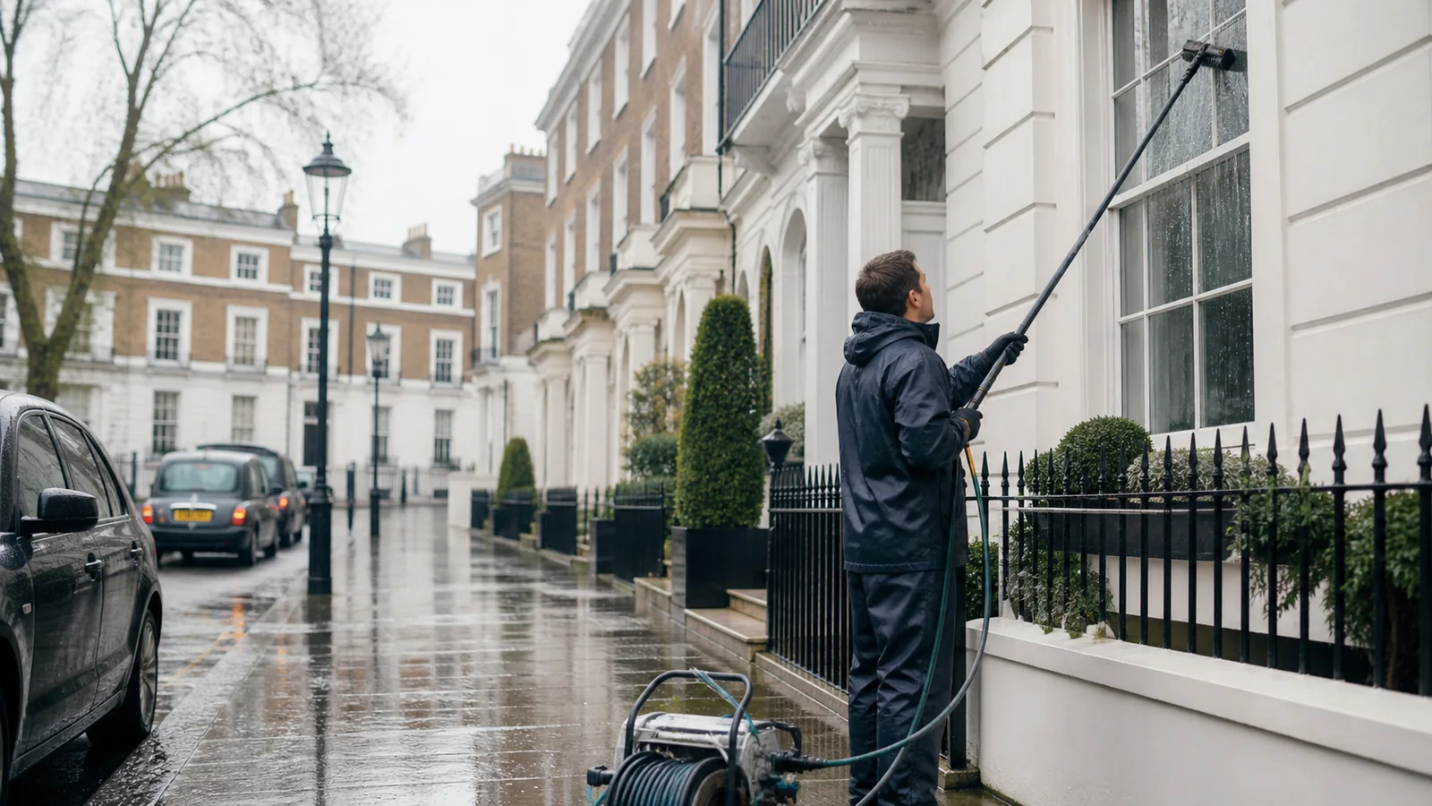 Professional window cleaning during light rain on a London street