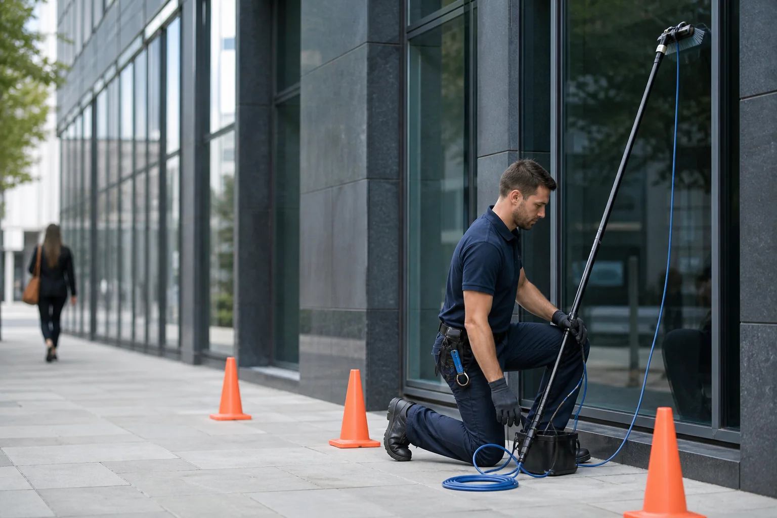Technician assessing a controlled window-cleaning work area
